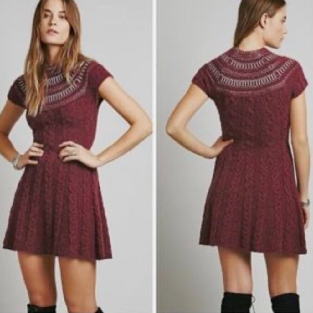 NWT Free People Nordic Nights Wine Short Sleeve Fit & Flare Sweater Dress